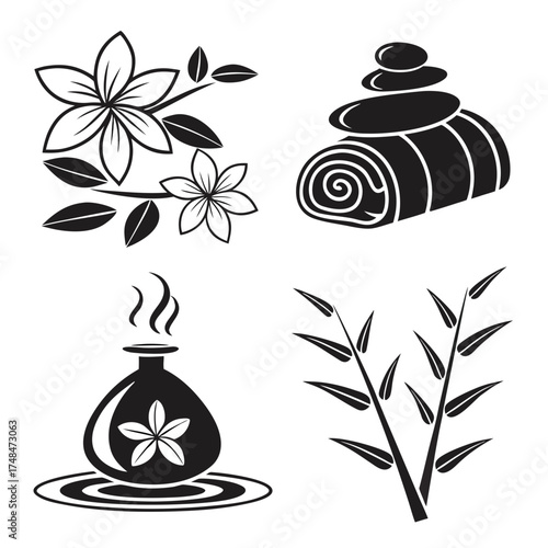 Four black silhouette vector designs of spa elements