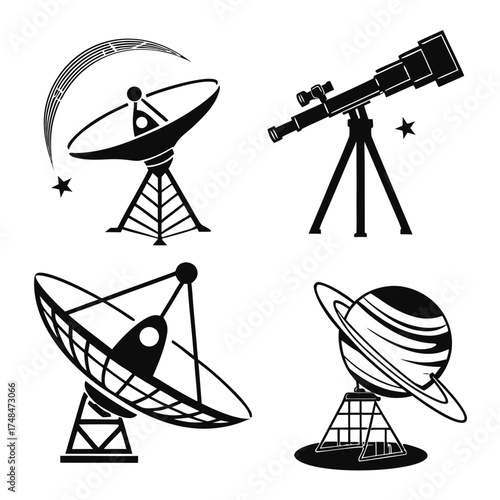 Four black silhouette vector designs of space research equipment 1