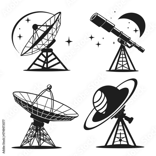 Four black silhouette vector designs of space research equipment