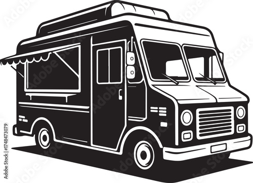A black and white illustration of a classic food truck in a minimalist style 