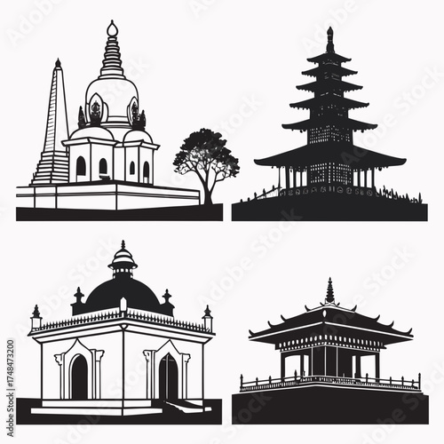 Four black silhouette vector designs of temples and stupas
