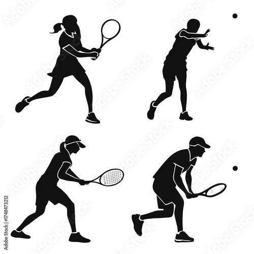 Four black silhouette vector designs of tennis players in action 1