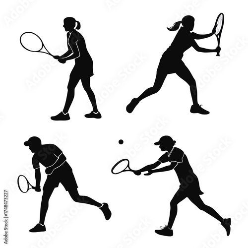 Four black silhouette vector designs of tennis players in action