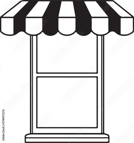 Striped awning above a simple window frame for shopfront or store entrance vector Icon