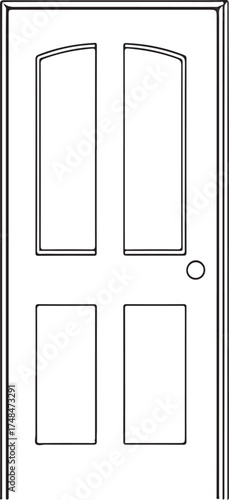 Classic four panel interior door with detailed frame and door knob sketch vector Icon