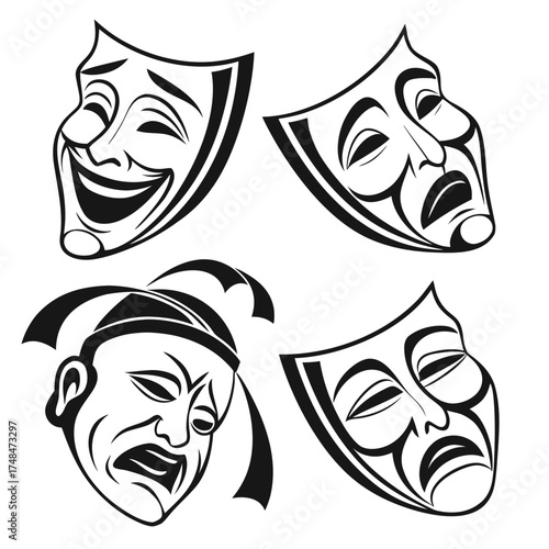 Four black silhouette vector theater masks with different expressions