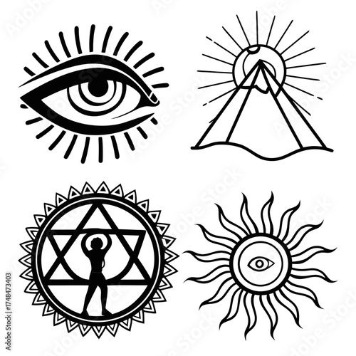 Four black spiritual symbols including eye pyramid and sun