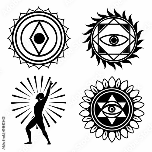 Four black spiritual symbols with geometric designs