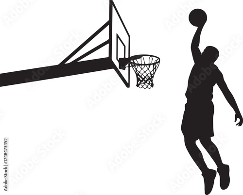 A black and white silhouette illustration of a basketball player performing a dunk 