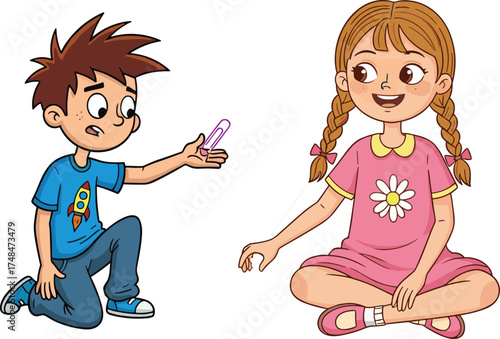 Children playing with paperclip string toy, boy and girl interaction, creative homemade game, childhood imagination, friendship, fun activity, teamwork