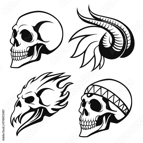 Four black vector skull designs with decorative elements