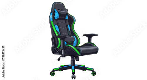 Ergonomic Black Gaming Chair with Vibrant Blue and Green Accents.