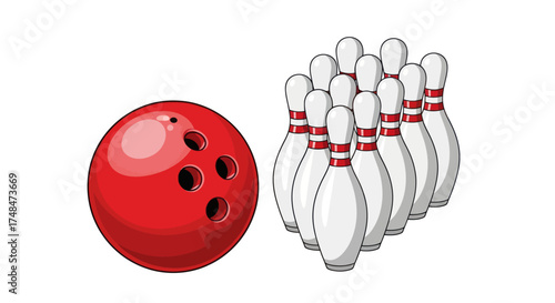 Red Bowling Ball and Pins Ready for a Strike.