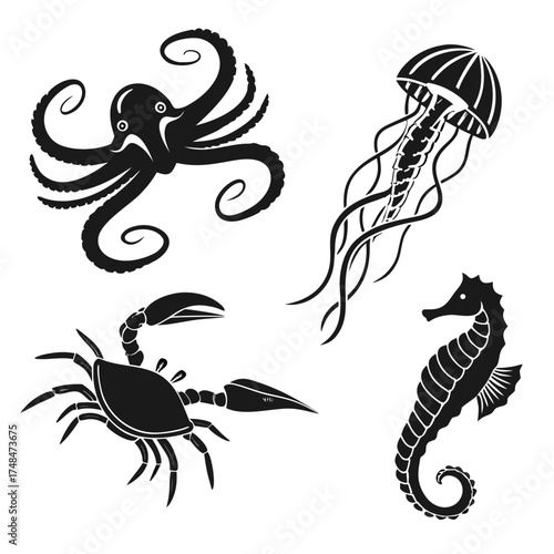 Black silhouette vector designs of octopus jellyfish crab seahorse