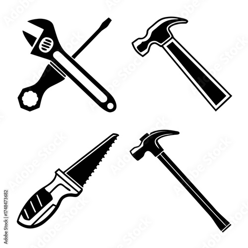 Black silhouette vector designs of four simple tools 1