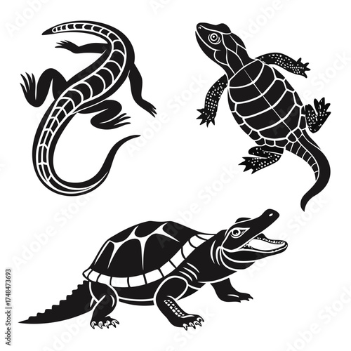 Black silhouette vector designs of three reptiles lizard