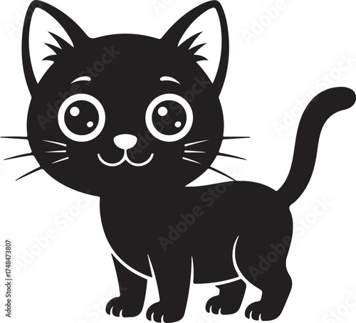 A black and white silhouette illustration of a cute cartoon cat with a friendly expression