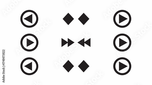 A collection of black and white media control icons arranged in a grid pattern on a white background | editable eps vectors silhouette