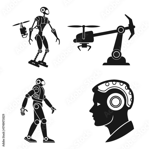 Four black robot and drone vector designs android cyborg
