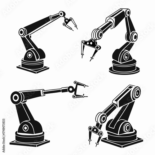 Four black robot arm silhouettes on white background