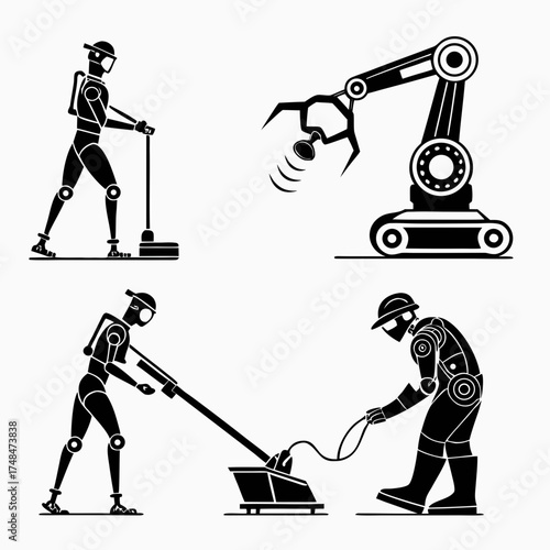 Four black robot silhouettes performing tasks white 1