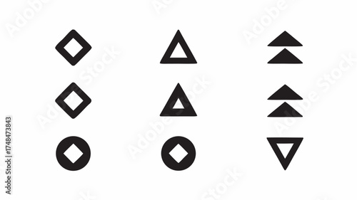 Illustration showing geometric shapes including diamonds triangles and circles arranged in three columns rows | editable eps vectors silhouette