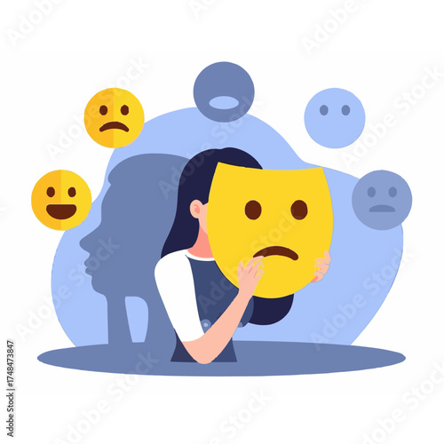 Modern vector illustration about mental health and vulnerability, depicting the disconnect between outward appearance and inner emotional state.