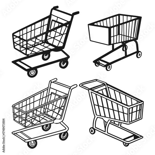 Four black shopping cart silhouettes in isometric view