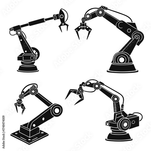 Four black silhouette robotic arms with grippers robot arm