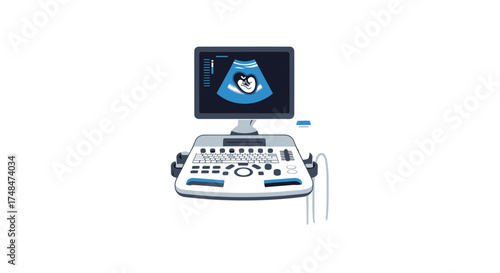 Modern Medical Ultrasound Machine Displaying Fetal Sonogram Image.