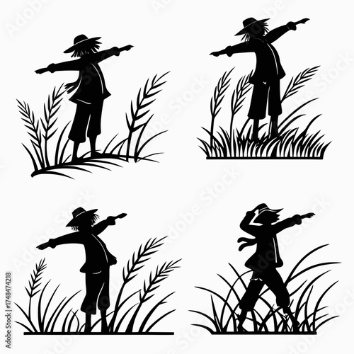 Four black silhouette scarecrow vector designs in grass