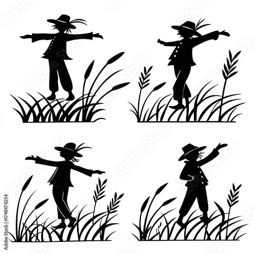 Four black silhouette scarecrows in tall grass white