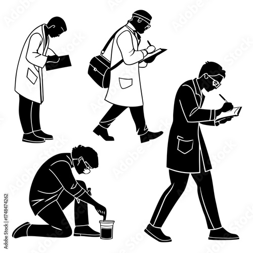 Four black silhouette scientists in lab coats performing research