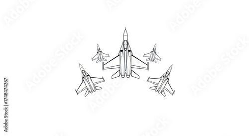 Line Art Drawing of Five Military Fighter Jets in Aerial Formation.