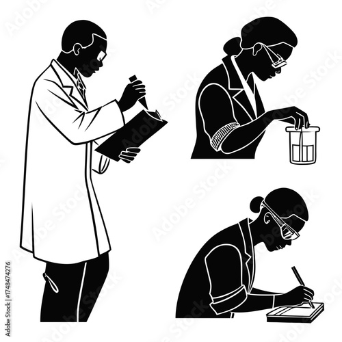 Four black silhouette scientists in lab coats working