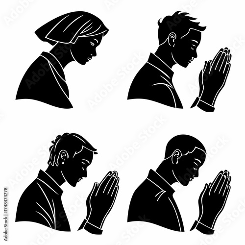 Four black silhouette vector designs of people praying