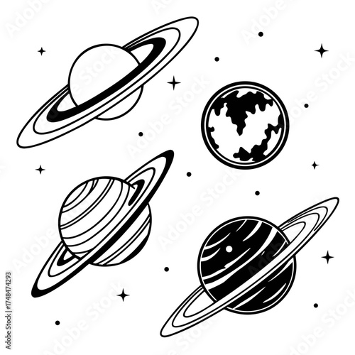 Four black silhouette vector designs of planets and stars 1