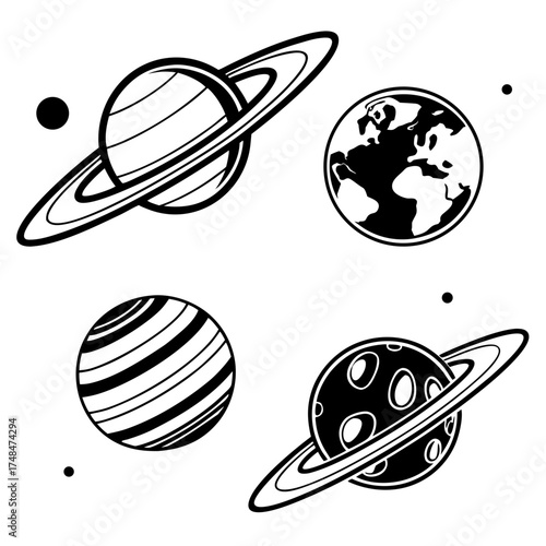 Four black silhouette vector designs of planets and moons