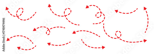 Set of curved arrows with dashed lines. Long dotted line arrow set. Curved dashed outline arrows collection. Long squiggle curved dotted live arrow. Dashed line directional arrow collection.