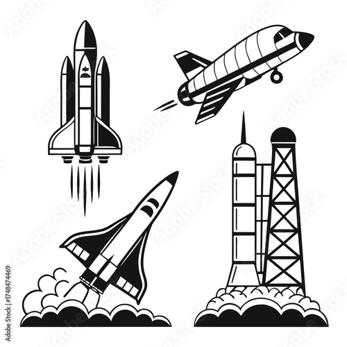 Four black silhouette vector designs of rockets and launchpad