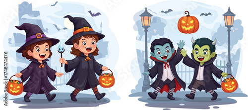 Halloween kids in costumes, cute witches and vampires trick or treating at night, spooky festive background with pumpkins and lanterns, colorful cartoon vector illustration