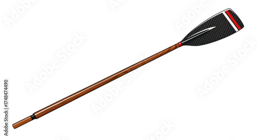Wooden Rowing Oar with Black Blade and Red Stripe Detail.