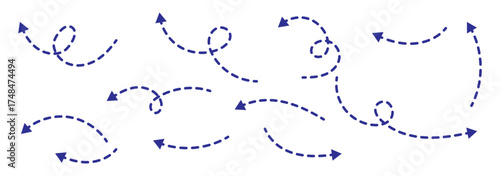 Set of curved arrows with dashed lines. Long dotted line arrow set. Curved dashed outline arrows collection. Long squiggle curved dotted live arrow. Dashed line directional arrow collection.