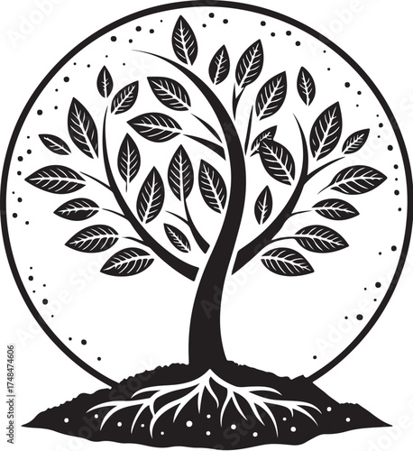 Stylized tree of life with visible roots and circular background