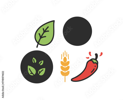 A collection of simple, stylized icons representing various food and agricultural elements, including leaves, a chili pepper, and wheat.