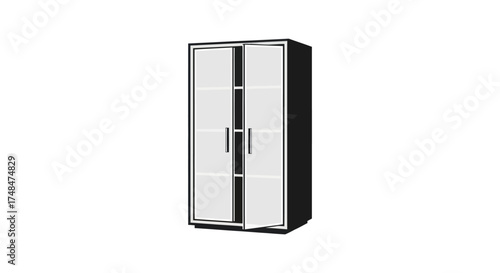 Modern Black and White Cabinet with Glass Doors and Silver Handles.