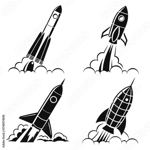 Four black silhouette vector rocket launch designs