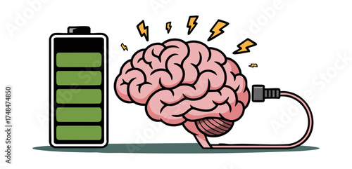 A conceptual illustration of a human brain being charged by a full green battery, symbolizing mental energy, power, and recharging the mind.