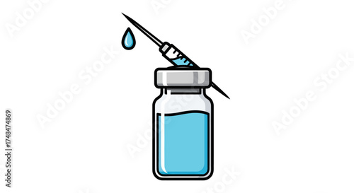 Vaccine Vial with Syringe and Droplet Illustration.