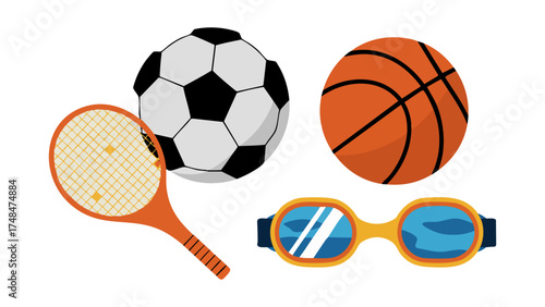A collection of sports equipment including a soccer ball, basketball, tennis racket, and swimming goggles on a white background.
